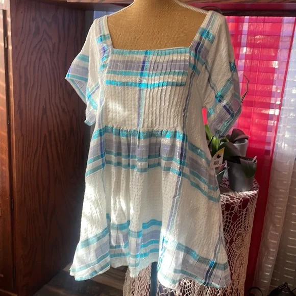 Free People Barcelona Plaid Shimmer Mini Dress Ivory Metallic Stripes Boho - Picture 5 of 11